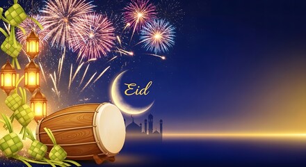 A festive illustration of a drum, lanterns, and fireworks in a night sky with a crescent moon and the word 'Eid' Mubarak, set against a vibrant background celebrating Ramadan or Eid al-Fitr