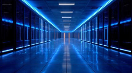 Fototapeta premium Futuristic Network Server Room with Blue LED Lighting