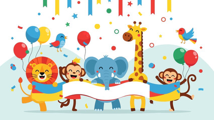 Obraz premium Joyful Jungle Animals Celebrating with Balloons and Confetti.