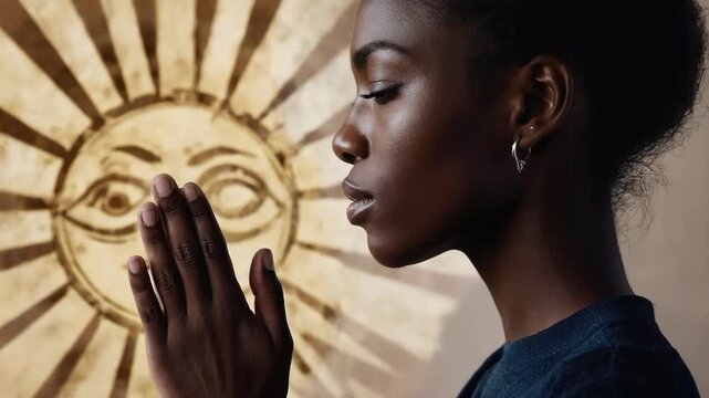 Mindful prayer practice by a woman with closed eyes in a spiritual setting during daylight hours