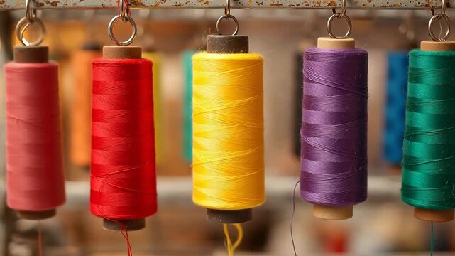 Colorful spools of thread hanging