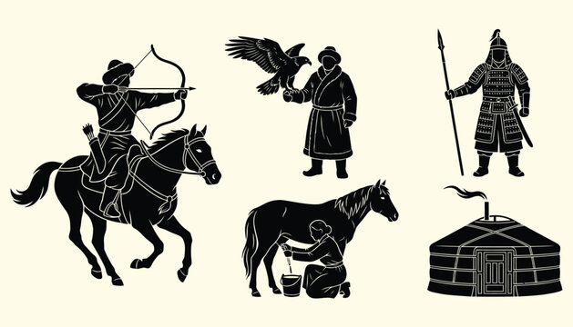 Traditional Mongolian Culture Silhouettes Mounted Archer, Falconer, and Yurt Icon Set