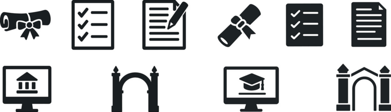 Various icons illustrate themes of education, including a diploma, checklist, document editing, and a computer symbolizing online learning.