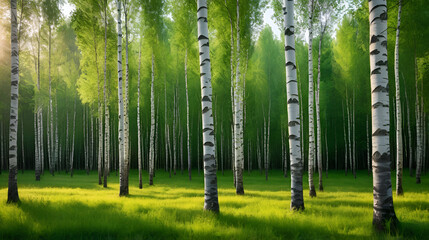 Obraz premium Beautiful birch trees standing tall in a sunlit forest with lush green grass and vibrant foliage during early morning hours