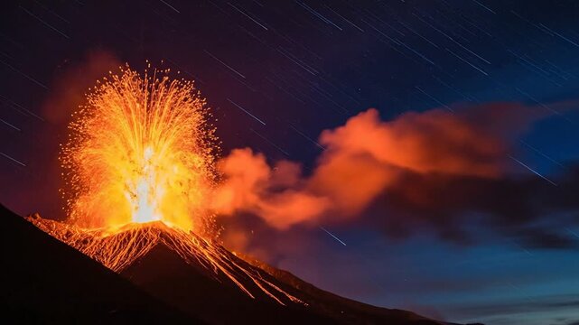 Volcanic eruption at night with fiery lava spewing into the dark sky with star trails