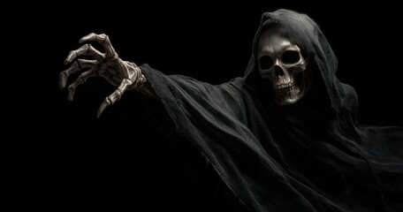 The Grim Reaper Reaching Out from Darkness in a Tattered Hooded Cloak