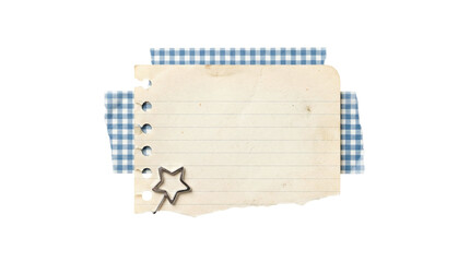 Fototapeta premium A torn vintage lined notebook note layered with blue gingham tape and a metal star paperclip, on a transparent background with clean copy space for messages and mockups