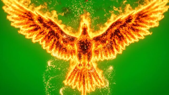 Majestic phoenix bird made of fire on green screen, mythical flaming eagle with spreading wings, fiery orange bird silhouette for vfx compositing