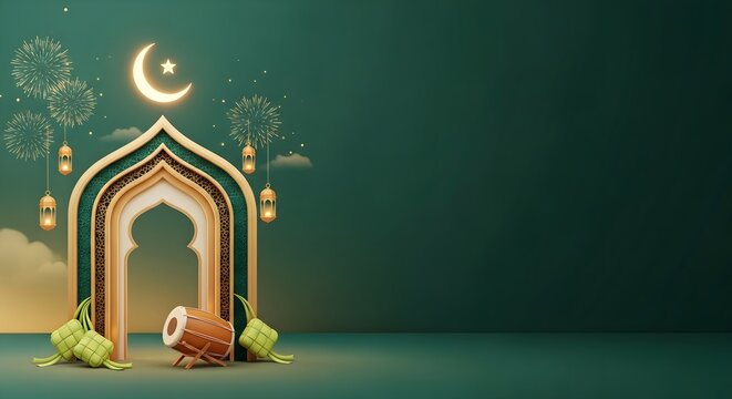 A digital illustration of a festive Ramadan or Eid al-Fitr background with a crescent moon, lanterns, and a traditional drum against a dark green backdrop with a Mubarak greeting.