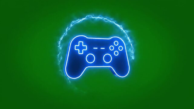 Glowing blue neon game controller on green background