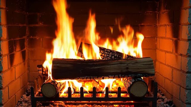 Fire burning in a brick fireplace