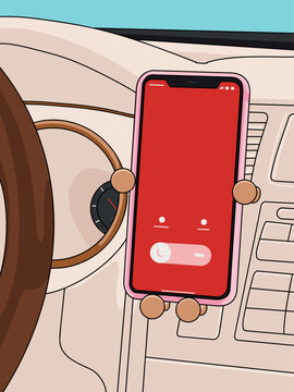 Close Up Illustration of a Smartphone Device Gadget Mounted on Phone Holder at Car Dashboard. Communication and Travel Mock-up Call Screen Template with Copyspace for Text . Vehicle Interior