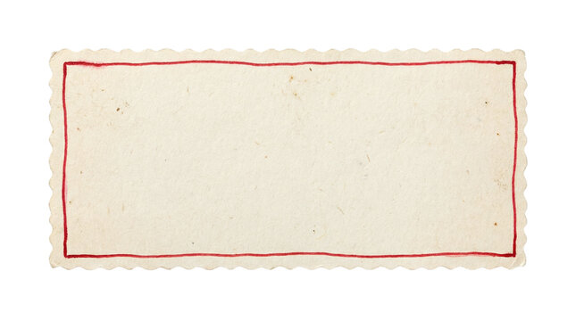  blank vintage paper label with a hand-drawn red border and scalloped edges, on a transparent background, ideal for packaging, signage, and typography mockups.