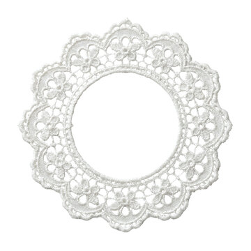 A white round lace doily with floral crochet details forming a decorative circular frame, on a transparent background for romantic, vintage, and wedding designs.