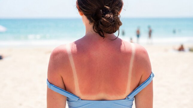 Sunburned back of woman at sunny beach showing distinct tan lines, warm light and slight discomfort