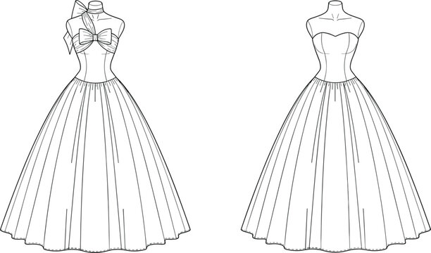 Strapless ball gown technical fashion illustration, front and back view, women evening dress flat sketch, bow bodice detail, vector line drawing