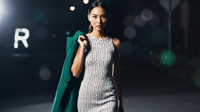 Elegant Asian Woman Walking Confidently at Night Wearing a Chic Grey Dress and Emerald Green Coat