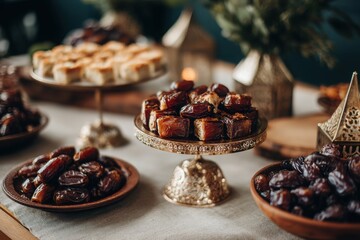 Festive display of sweets and dates for a holiday celebration. Arabic dessert table with dates and baklava
