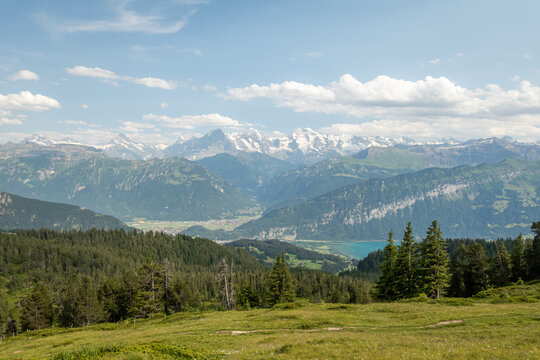 Panoramic summer view of Lake Thun and Jungfrau