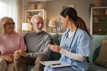Obraz premium Home health nurse sits with elderly couple in living room. She shows them medication while discussing their health and needs during the visit.