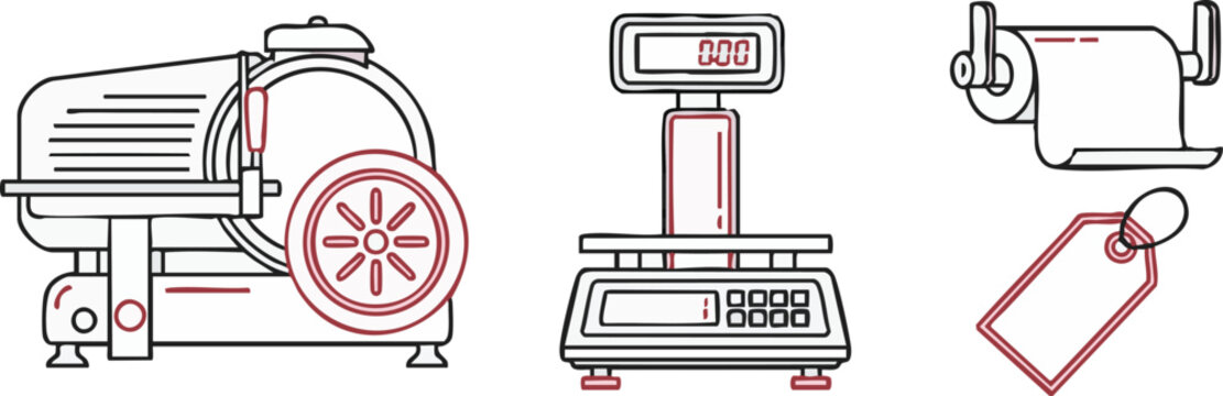 Butcher Shop Equipment Line Icons &ndash; Meat Slicer, Grinder, Scale and Price Tag Vector Set