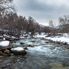 Landcsape, mountain, river, city, winter, snow, stream, alps.