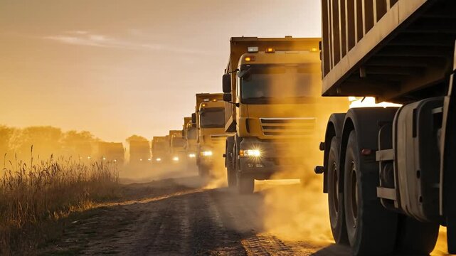 A long convoy of large dump trucks driving down a dusty dirt road in the golden hour light