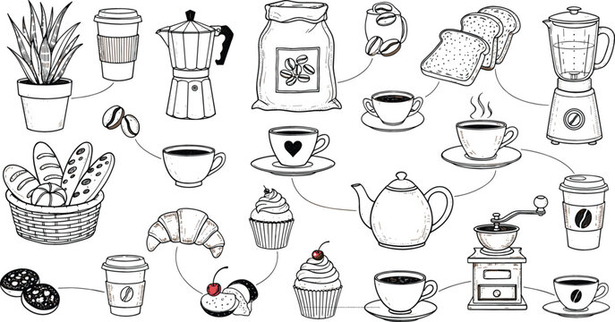 Hand drawn coffee and bakery doodle vector set with cups beans croissants and caf&eacute; tools, cozy sketch illustrations for menu designs, packaging, stickers, and branding
