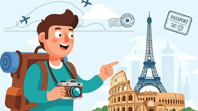 Happy tourist with backpack and camera explores European travel landmarks