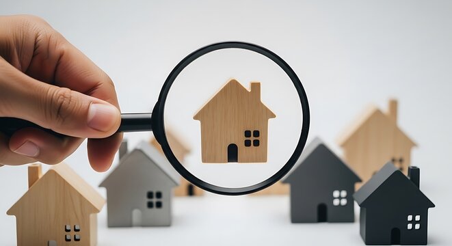 A magnifying glass inspecting a model home among other houses.