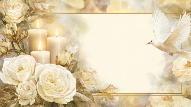 Serene arrangement featuring burning candles, white roses, and a flying dove surrounds a central copy space