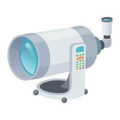 Vector illustration of an astronomical telescope with clear lens and control panel for stargazing and observing celestial bodies
