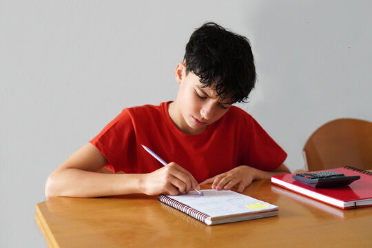 Teenage student boy in a red shirt, disgruntled, doing his homework with academic difficulties