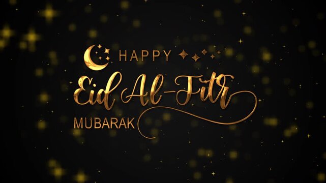 Happy eid al-fitr mubarak text animation in gold perfect for festive designs, social media posts, greeting cards, and posters.