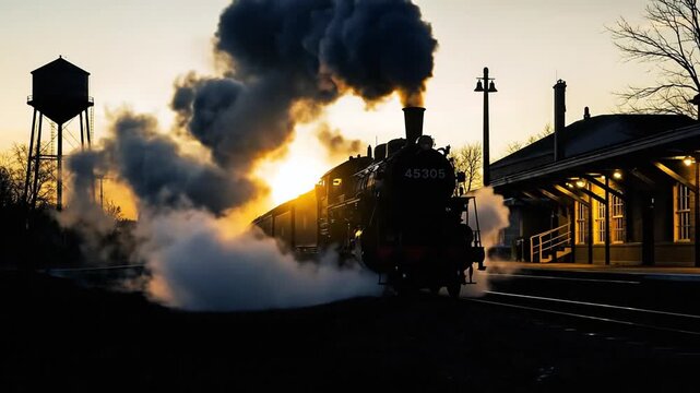 Vintage steam train emerges from misty sunset at historic railway station
