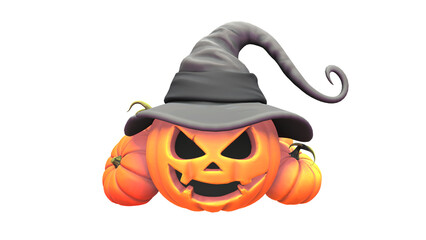 Glowing Jack O Lantern Wearing Witch Hat with Pumpkins Isolated on PNG Background &ndash; Spooky Halloween 3D Illustration