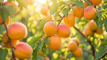 Gros plan sur des abricots m&ucirc;rs suspendus &agrave; une branche d'arbre dans un verger ensoleill&eacute; avec une lumi&egrave;re naturelle diffuse