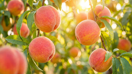 Gros plan sur des p&ecirc;ches m&ucirc;res aux teintes ros&eacute;es et orang&eacute;es suspendues &agrave; des branches dans un verger baign&eacute; par la lumi&egrave;re du soleil