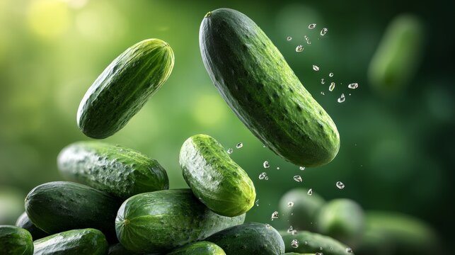 A bunch of cucumbers are flying through the air. The cucumbers are green and have a sprinkle of salt on them