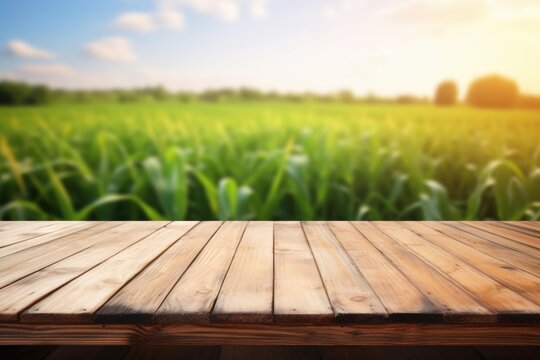 Empty wooden table with blurred farm field and sunset sky in the background