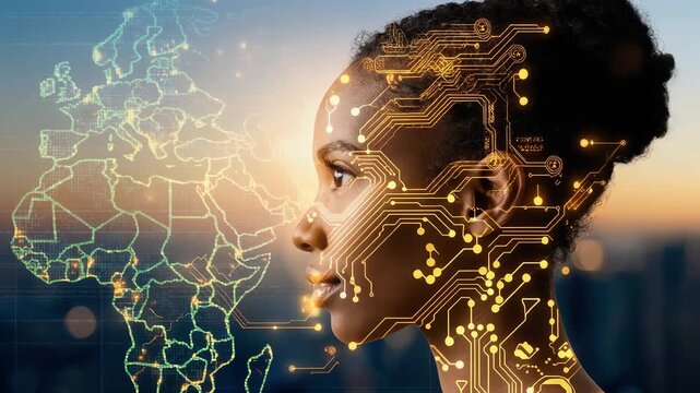 profile of African woman with glowing digital map of africa overlay
