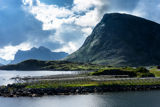 Cod drying racks at the foot of the mountain