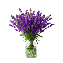 A beautiful bouquet of purple lavender flowers in a clear glass vase