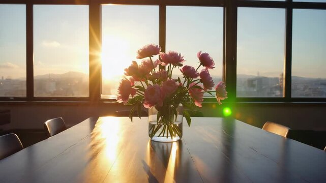Flowers in a glass vase on a wooden table with a sunset view from a tall building