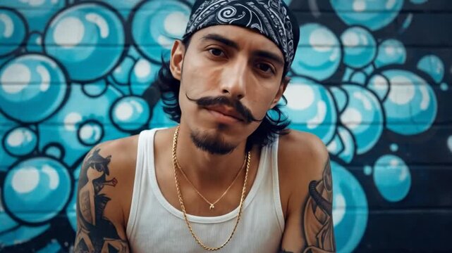 A man with a bandana and a mustache wearing a tank top and necklace in front of a blue bubble wall