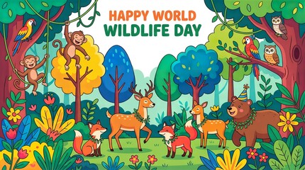 Happy World Wildlife Day Cartoon Illustration with Cute Forest Animals

