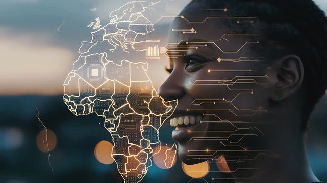 profile of African woman with glowing digital map of africa overlay
