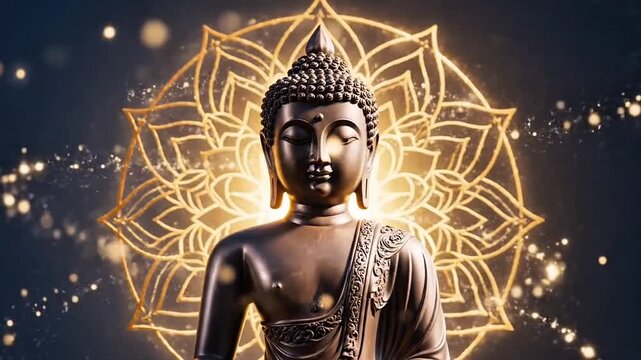 Bronze Buddha Statue with Glowing Golden Mandala Spiritual Serenity