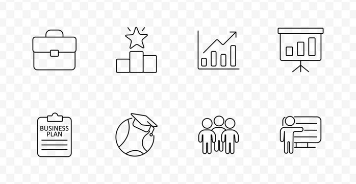 Business and training set icon. Line icons showing briefcase, podium, growth chart, presentation board, business plan clipboard, globe with cap, group, and instructor
