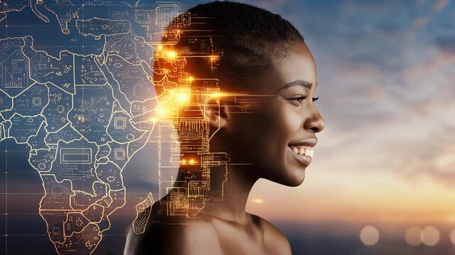 profile of African woman with glowing digital map of africa overlay